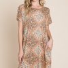 Multicolored Leaves Jacquard Dress - Camel
