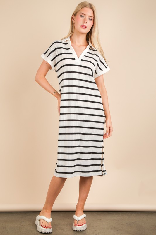 Oversized Collared Striped Knit Midi Dress - Cream/Black