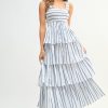 Pin Stripe Smocked Bodice Layered Midi Dress - Off White