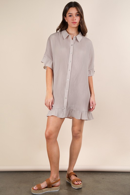 Pleated-Detail-Button-Down-Mini-Dress-Nude Pleated Detail Button Down Mini Dress - Nude