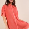 Pleated Detail Button Down Mini Dress - Orange