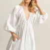 Plunge Balloon Sleeve Poplin Mini Dress with Pockets - White