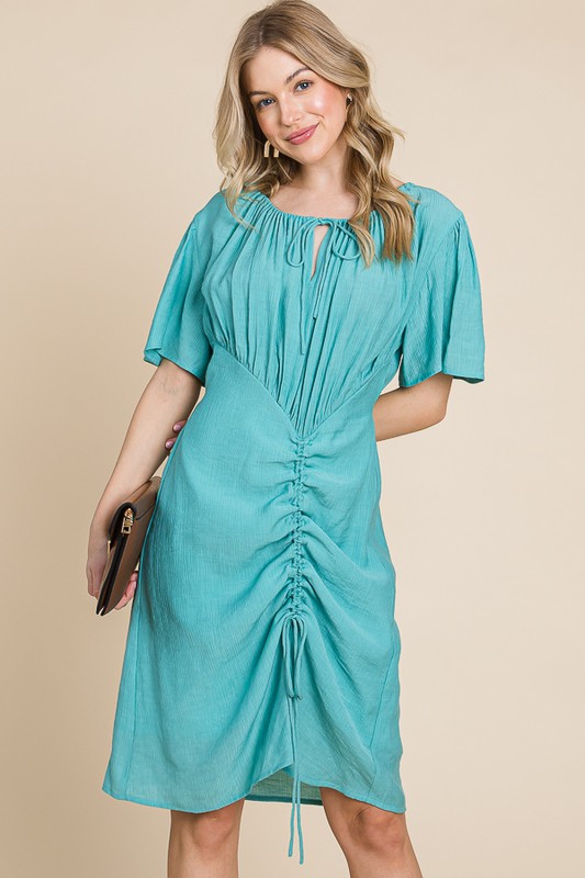 Plus Size Front Ruched Adjustable Drawstring Dress - Mint