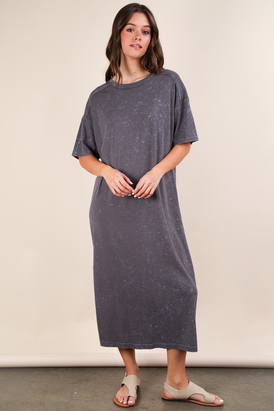 Plus Size Mineral Washed Casual Comfy Midi Dress - Charcoal
