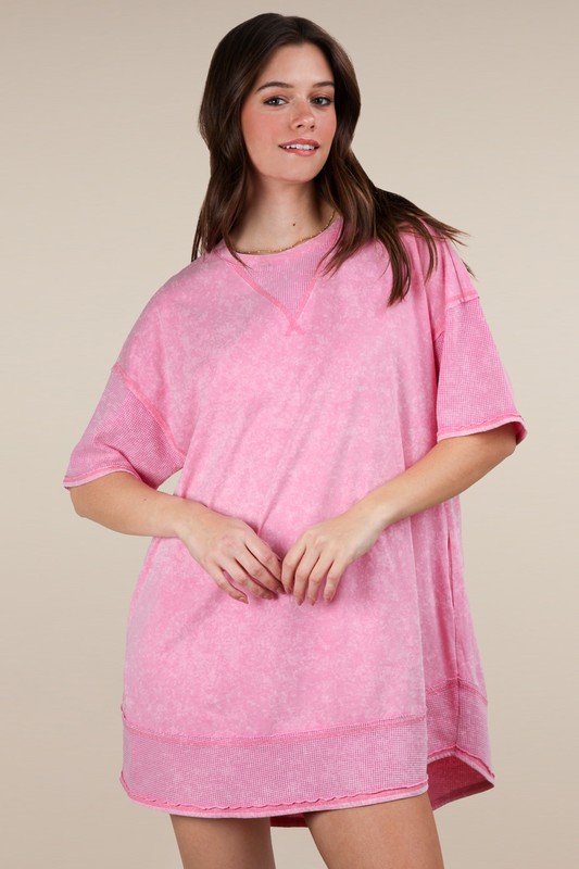 Plus Size Mineral Washed Comfy Casual Knit Mini Dress - Pink