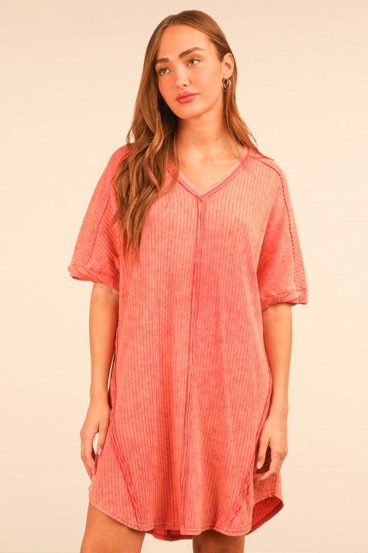 Plus Size Mineral Washed Ribbed Knit Mini Dress - Coral