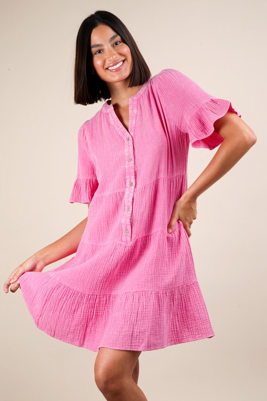 Plus Size Mineral Washed Woven Mini Dress - Pink
