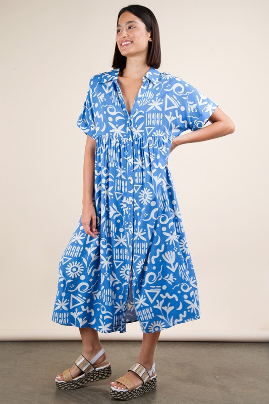 Plus Size Oversized Printed Shirt Midi Dress - Blue Mix