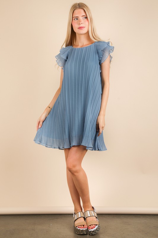 Plus Size Ruffle Sleeve Pleated Woven Mini Dress - Denim