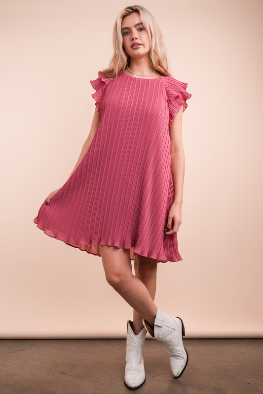 Plus Size Ruffle Sleeve Pleated Woven Mini Dress - Mauve