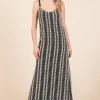 Plus Size Striped Scoop Neck Beaded Strap Maxi Cami Dress - Black