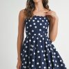 Polka Dot Mini Dress with Ricrac Trim Strap - Navy