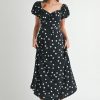 Polka Dot Puff Sleeve Midi Dress - Black