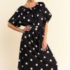 Polka Dot Puff Sleeves Waist Tie Midi Dress - Black