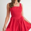 Poplin Square Neckline Bubble Mini Dress - Red
