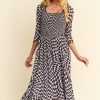 Printed Checker Mesh Flowy Maxi Dress - Black