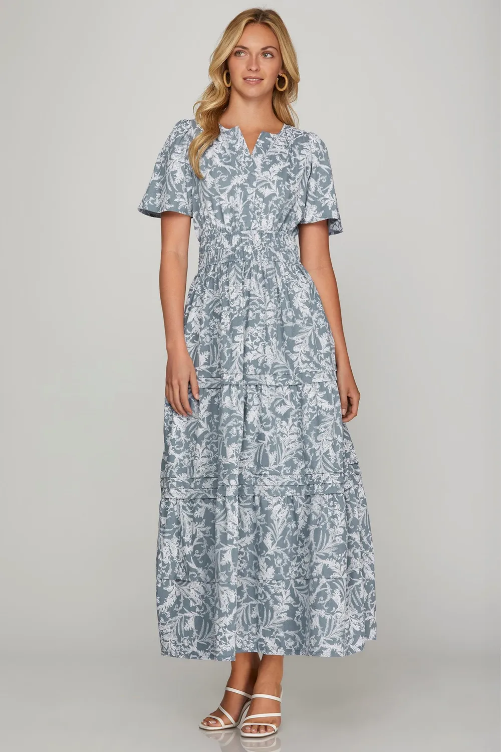 Printed Notched Woven Tiered Pintuck Maxi Dress with Side Pockets - Air Force Blue