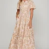 Printed Notched Woven Tiered Pintuck Maxi Dress with Side Pockets - Apricot