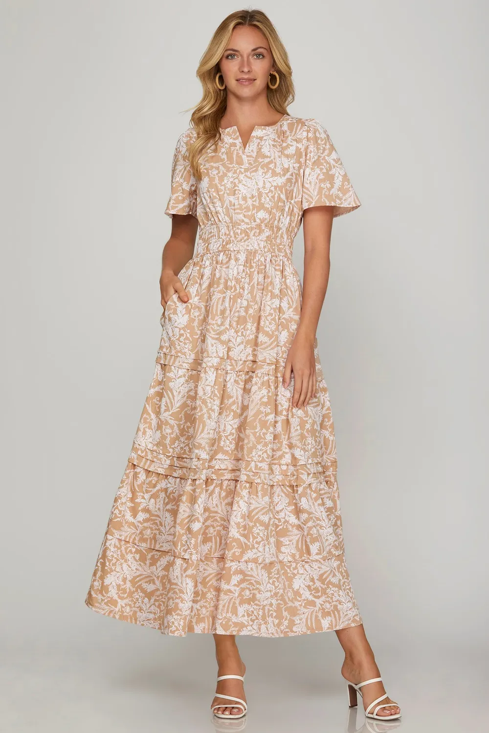 Printed Notched Woven Tiered Pintuck Maxi Dress with Side Pockets - Apricot