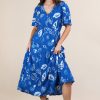 Printed V-Neck Resort Midi Dress - Blue