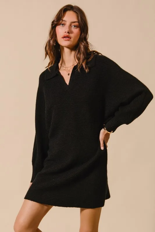 Ribbed Knit Collar Neck Dress - Black