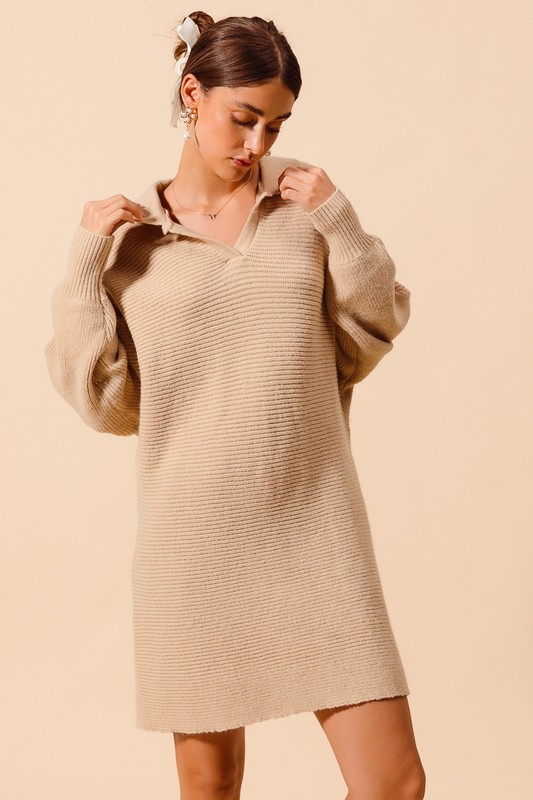Ribbed Knit Collar Neck Dress - Taupe