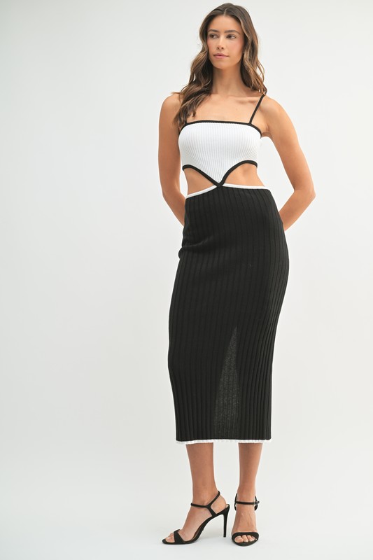 Ribbed Knit Color Block Cutout Midi Dress - Black