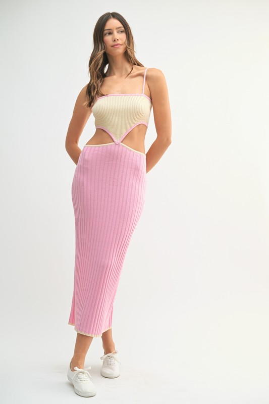 Ribbed Knit Color Block Cutout Midi Dress - Candy Pink