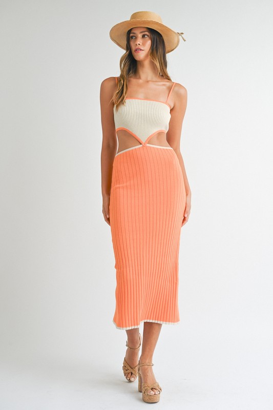 Ribbed Knit Color Block Cutout Midi Dress - Orange
