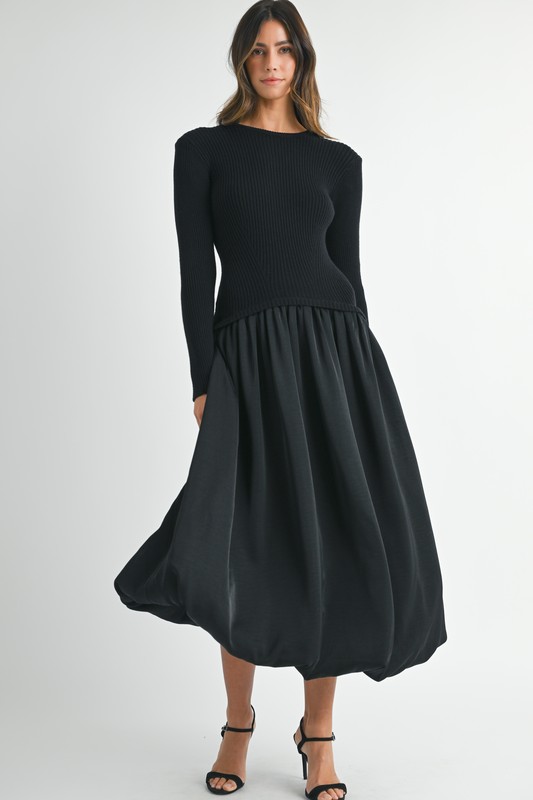 Ribbed Poplin Mix Midi Sweater Dress - Black