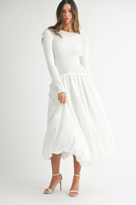 Ribbed Poplin Mix Midi Sweater Dress - Off White
