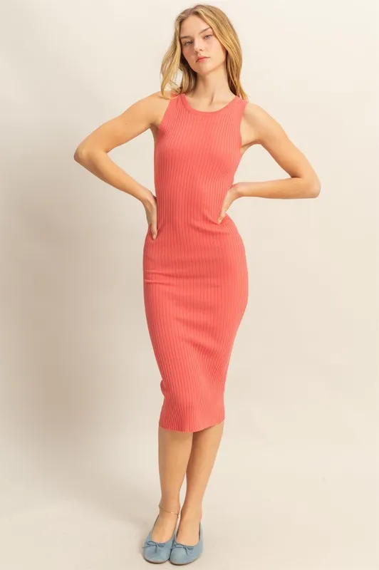 Ribbed Round Neck Sleeveless Knit Midi Dress - Coral