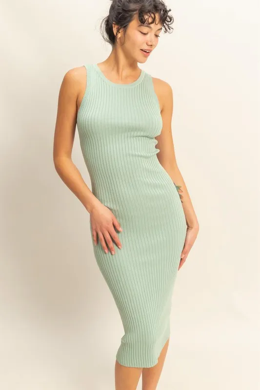 Ribbed Round Neck Sleeveless Knit Midi Dress -  Gum Leaf