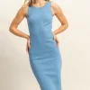 Ribbed Round Neck Sleeveless Knit Midi Dress - Sky Blue