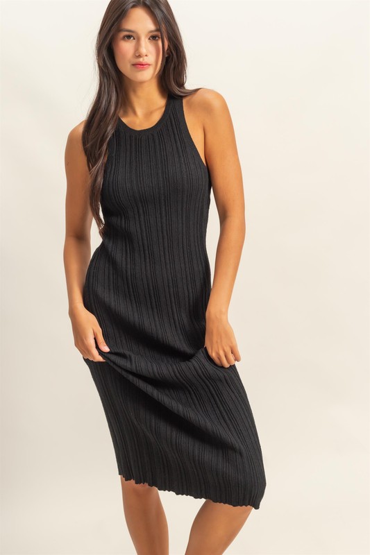 Round Neck Bodycon Ribbed Knit Dress - Black
