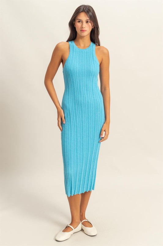Round Neck Bodycon Ribbed Knit Dress - Blue
