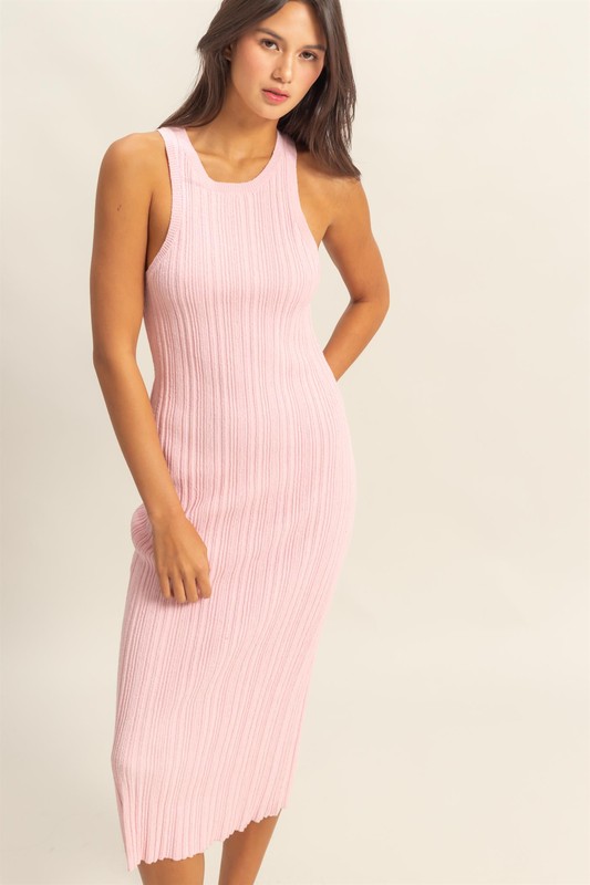 Round Neck Bodycon Ribbed Knit Dress - Soft Pink