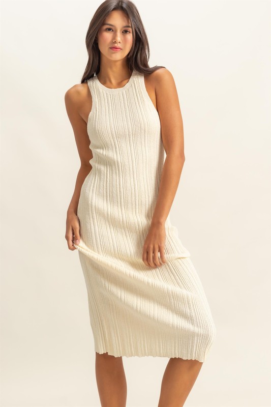 Round Neck Bodycon Ribbed Knit Dress - White
