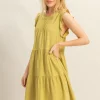 Round Neck Ruffle Sleeve Tiered Dress - Chartreuse