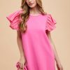 Round Neckline Ruffle Sleeve Relaxed Knit Dress - Hot Pink
