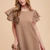 Round Neckline Ruffle Sleeve Relaxed Knit Dress - Latte