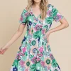 Ruched Floral V-Neck Short Sleeve Dress -  Gum Leaf