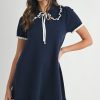 Ruffle Trimmed Collar Fine Knit Mini Dress - Navy