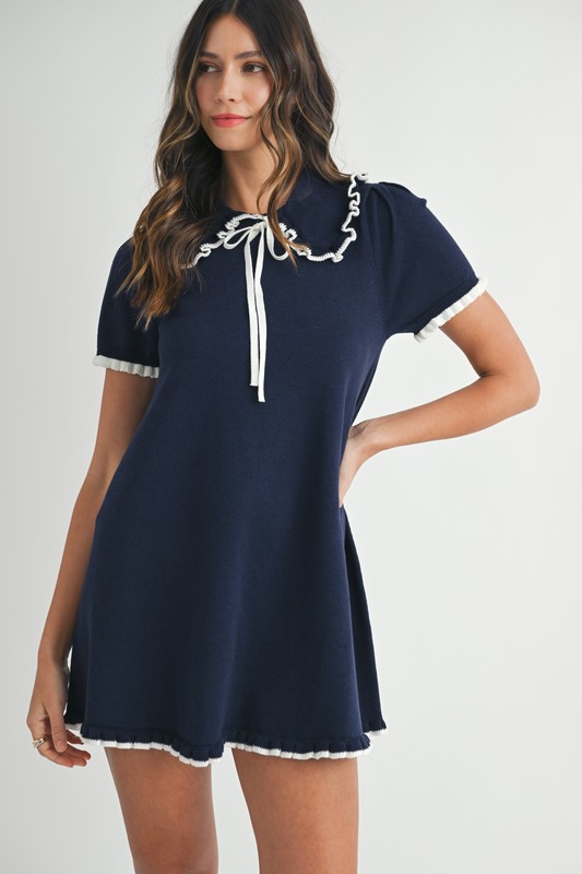 Ruffle Trimmed Collar Fine Knit Mini Dress - Navy