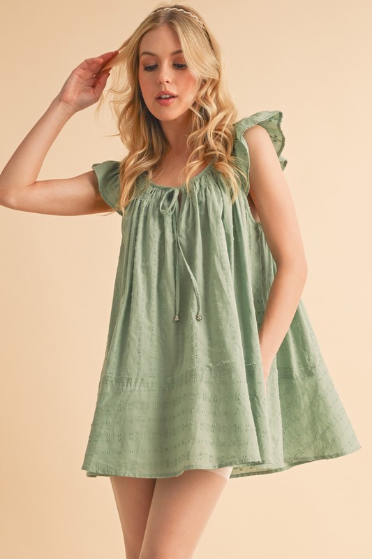 Ruffled-Cap-Sleeve-Cotton-Tunic-Mini-Dress-Pistachio Ruffled Cap Sleeve Cotton Tunic Mini Dress - Pistachio