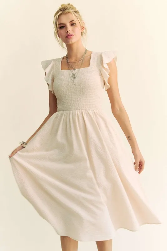Ruffled-Cap-Sleeve-Smocked-Mini-Dress-Cream-Beige-4