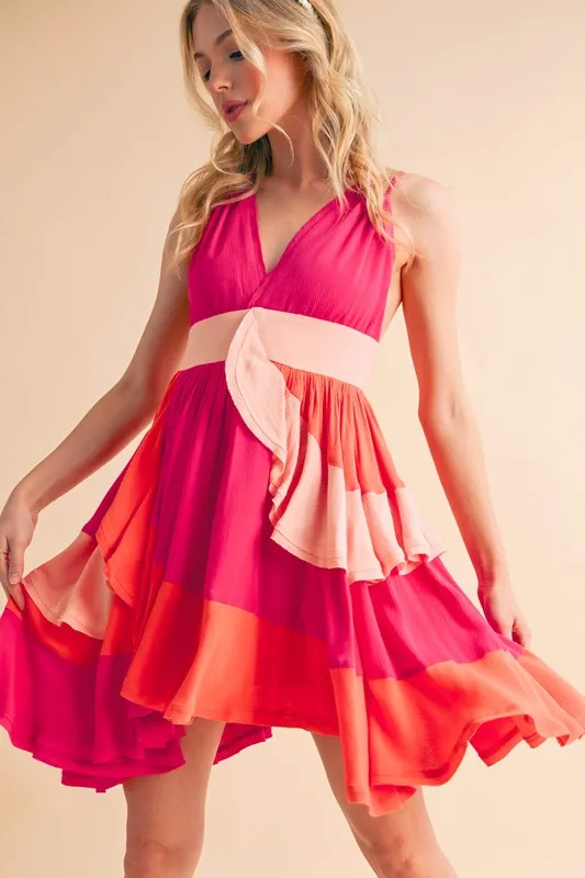 Ruffled-Color-Block-Sleeveless-Mini-Dress-Pink-Combo-1