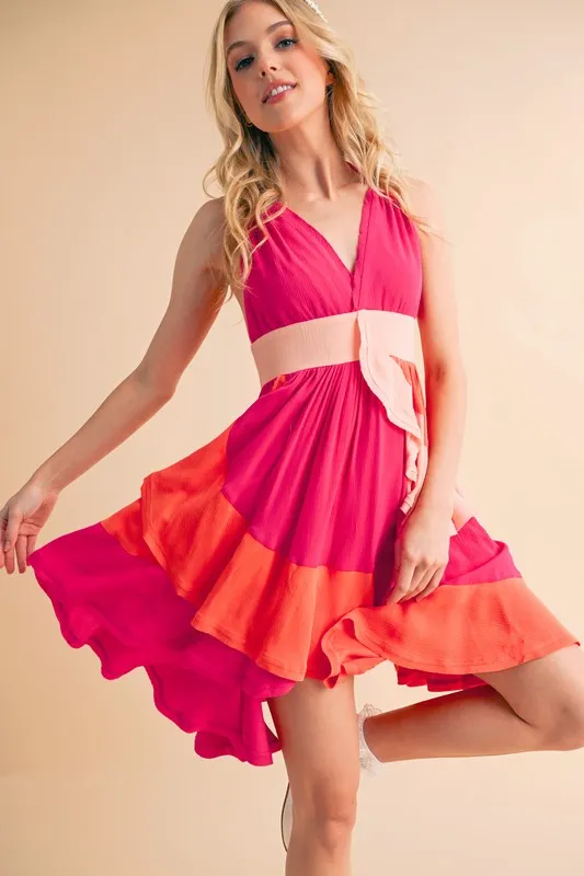Ruffled-Color-Block-Sleeveless-Mini-Dress-Pink-Combo-3