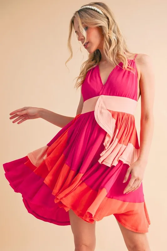 Ruffled-Color-Block-Sleeveless-Mini-Dress-Pink-Combo-4