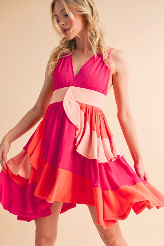Ruffled-Color-Block-Sleeveless-Mini-Dress-Pink-Combo Ruffled Color Block Sleeveless Mini Dress - Pink Combo